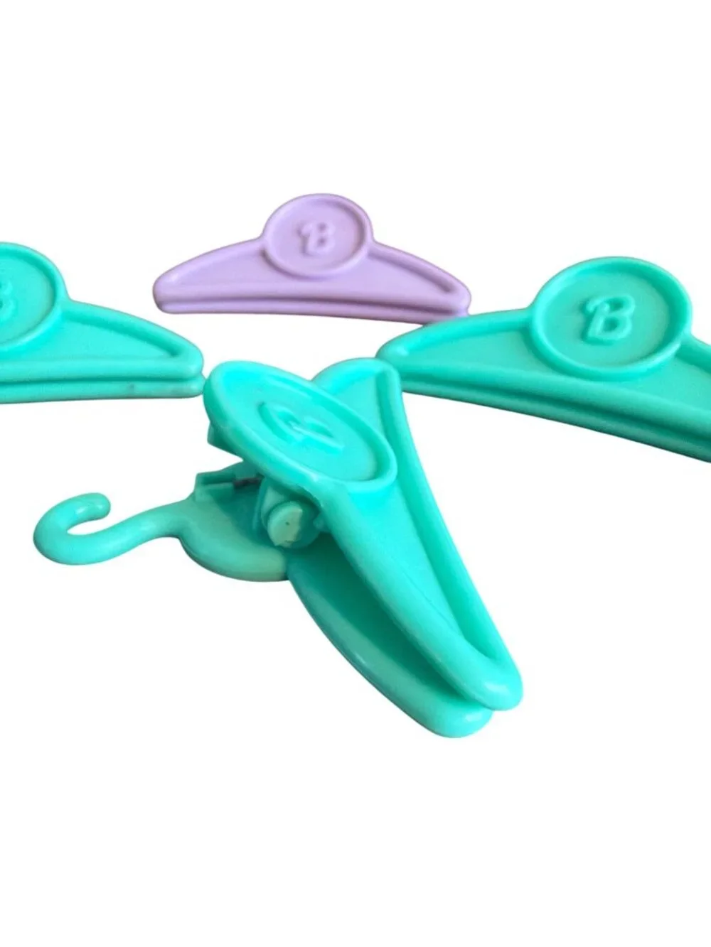 4 Barbie Doll Hangers Clips Purple Green Turquoise B Logo